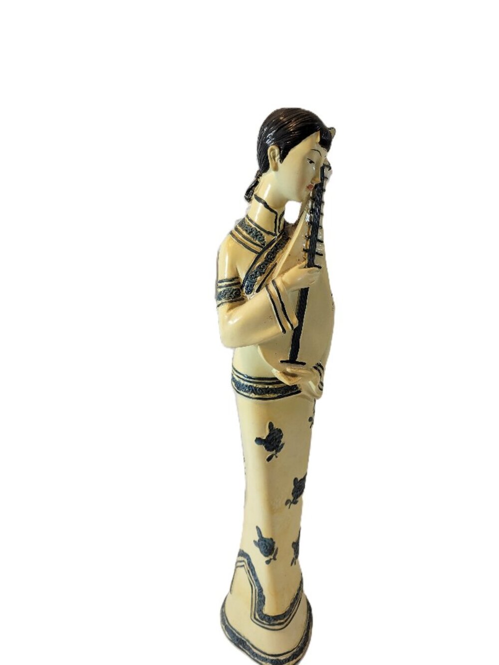 Vintage 17" Asian Lady Figurine Holding Pipa Lute Ceramic Ivory Blue-Item #965